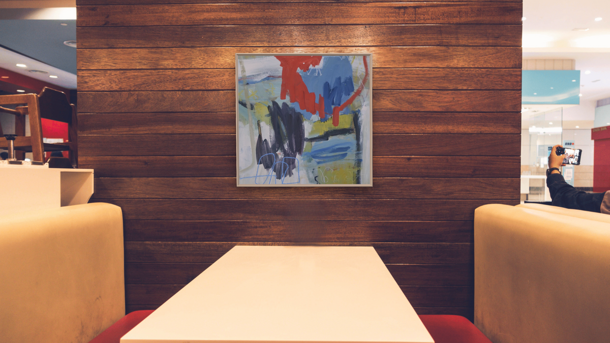 Pond’s Edge by Katherine Bello, shown at 32 × 32 in (81.3 × 81.3 cm) on canvas in Ramino Opaque White, restaurant