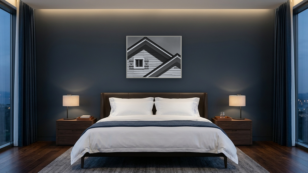 Peaks & Hearts by Gordon Osmundson, shown at 30 × 40 in (76.2 × 101.6 cm) on canvas in Ramino Opaque White, hotel guest room