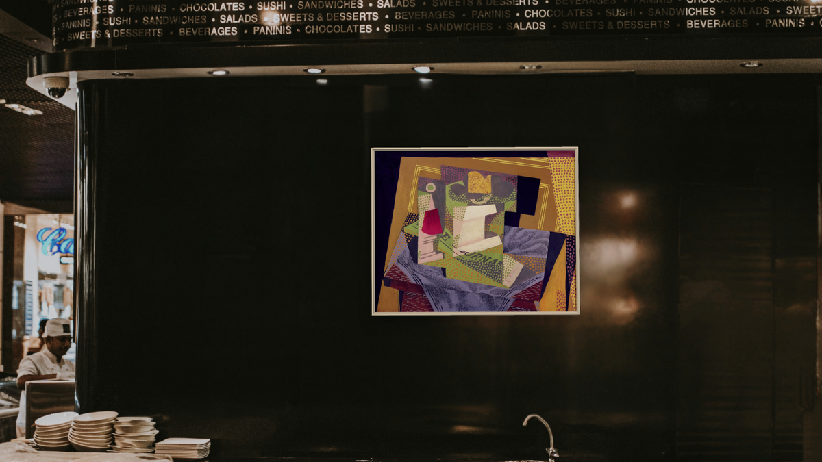 Composition on a Table by Juan Gris, shown at 32 × 40 in (81.3 × 101.6 cm) on canvas in Ramino Opaque White, restaurant