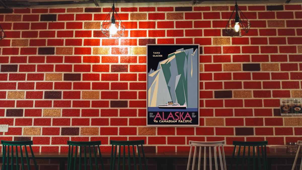 BPL Travel Posters, shown at 28 × 42 in (71.1 × 106.7 cm) on canvas in Ramino Opaque White, restaurant