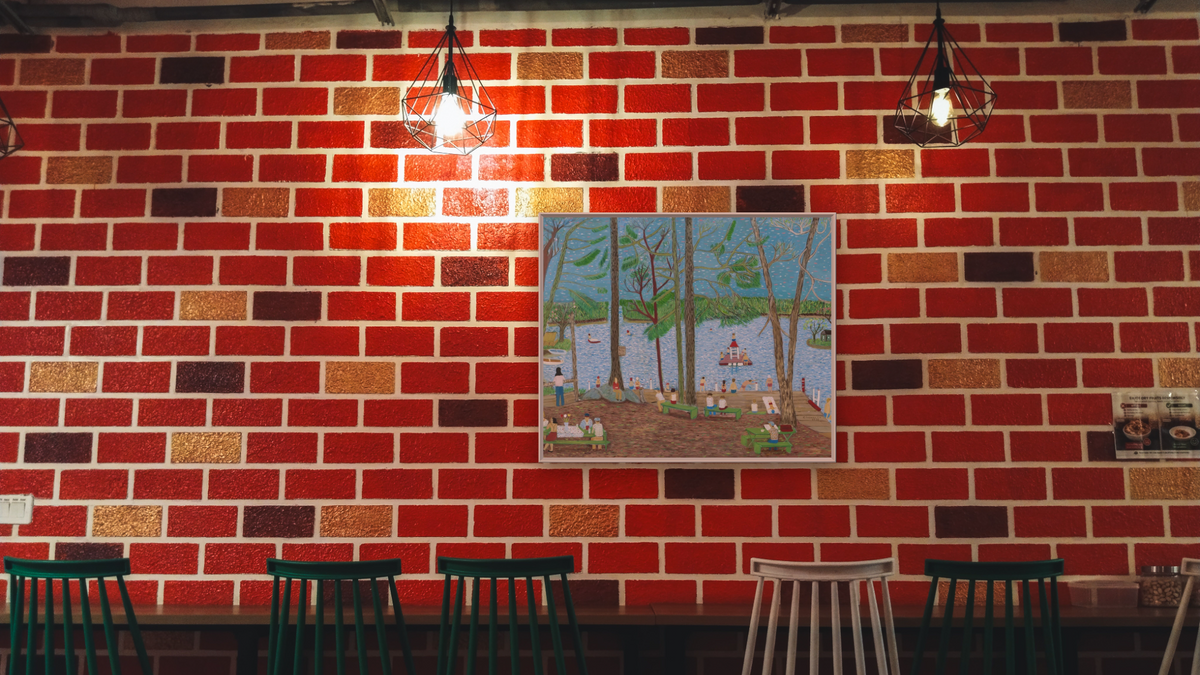 Peach Lake by Ralph Fasanella, shown at 32 × 40 in (81.3 × 101.6 cm) on canvas in Ramino Opaque White, restaurant