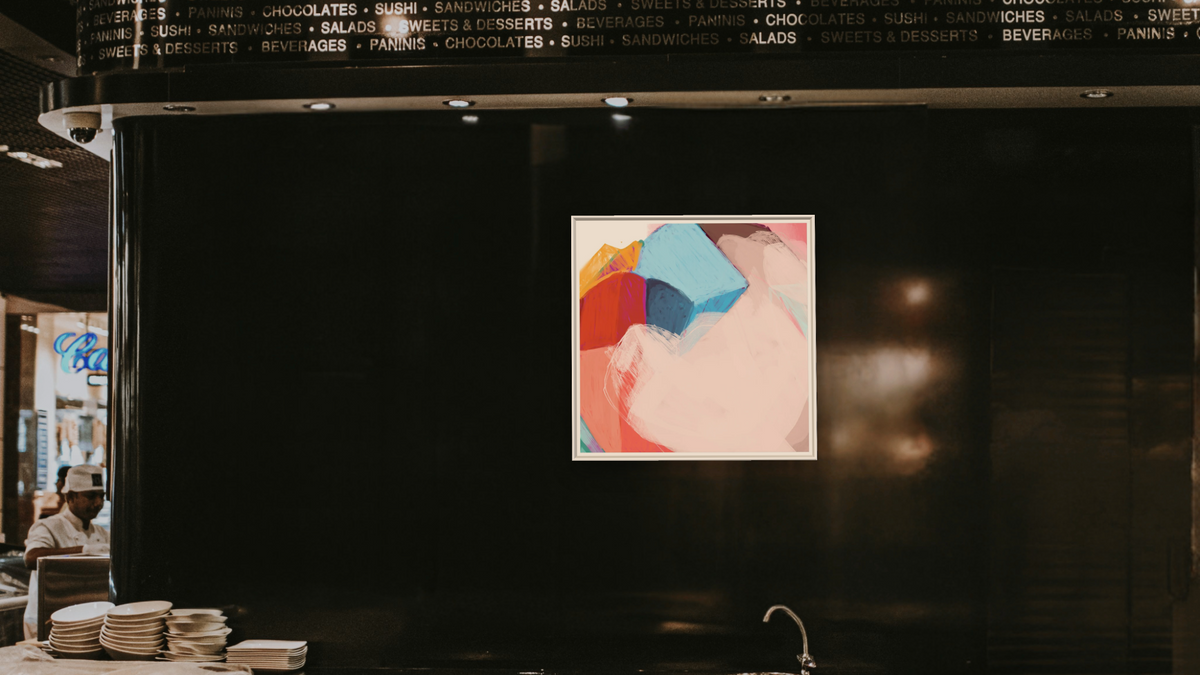 Candy Pop 2 by Nino Yuniardi, shown at 32 × 32 in (81.3 × 81.3 cm) on canvas in Ramino Opaque White, restaurant
