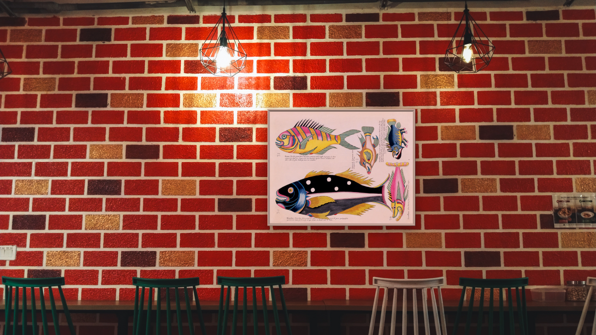 Fish by Louis Renard, shown at 30 × 40 in (76.2 × 101.6 cm) on canvas in Ramino Opaque White, restaurant