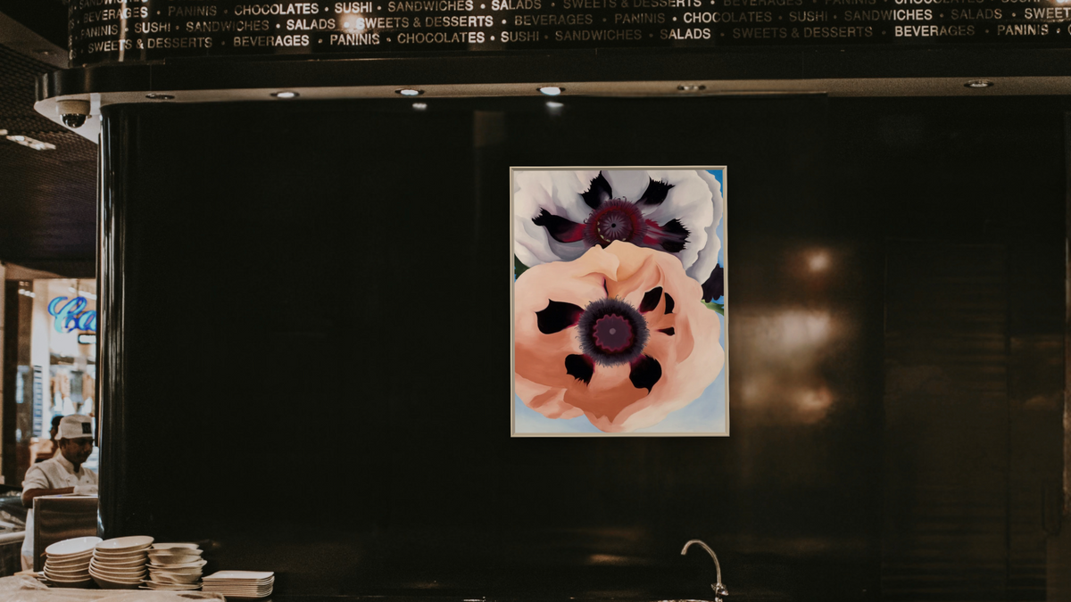 Poppies by Georgia O'Keeffe, shown at 32 × 40 in (81.3 × 101.6 cm) on canvas in Ramino Opaque White, restaurant