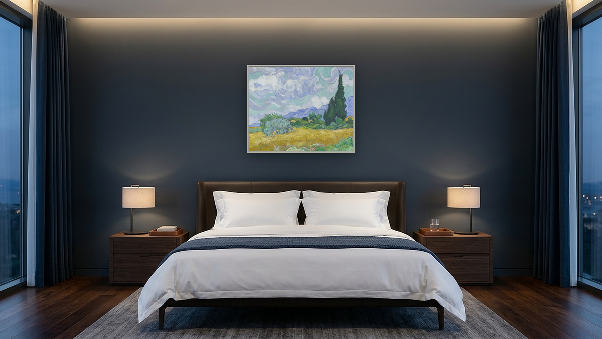 Wheat Field with Cypresses by Vincent van Gogh, shown at 32 × 40 in (81.3 × 101.6 cm) on canvas in Ramino Opaque White, hotel guest room