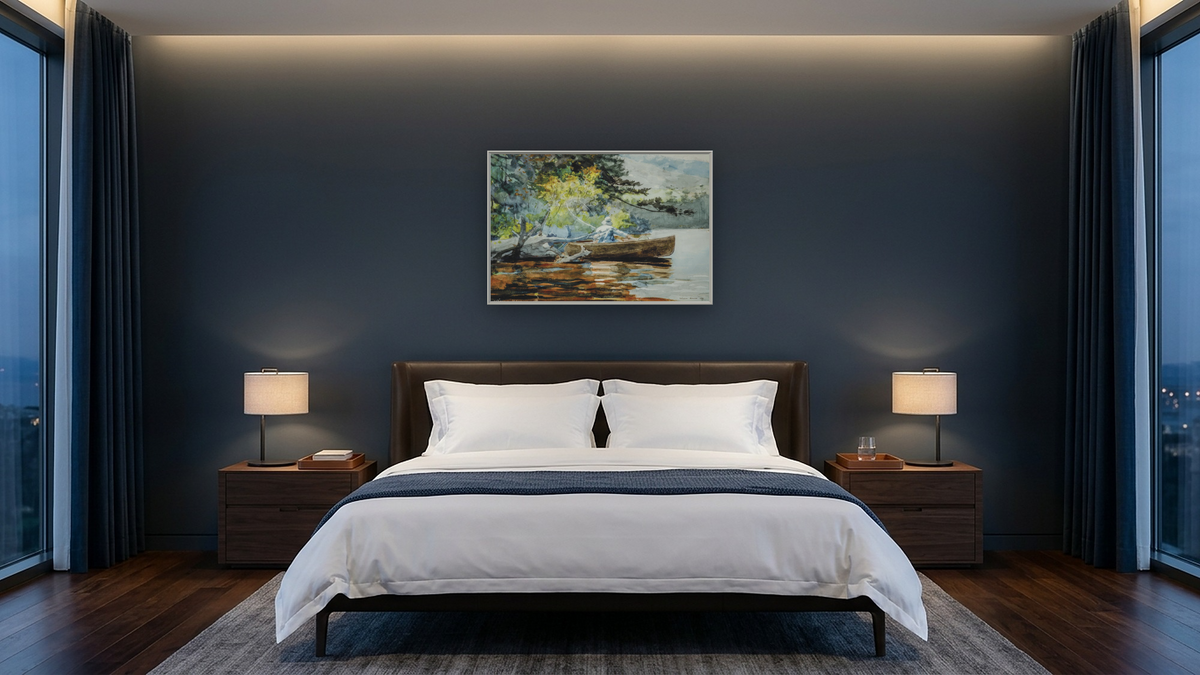 A Good One, Adirondacks by Winslow Homer, shown at 28 × 42 in (71.1 × 106.7 cm) on canvas in Ramino Opaque White, hotel guest room