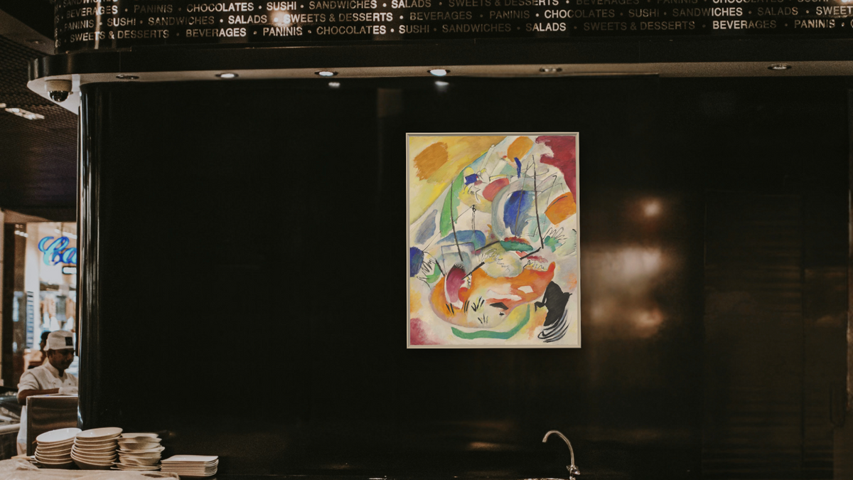 Improvisation 31 (Sea Battle), shown at 32 × 40 in (81.3 × 101.6 cm) on canvas in Ramino Opaque White, restaurant