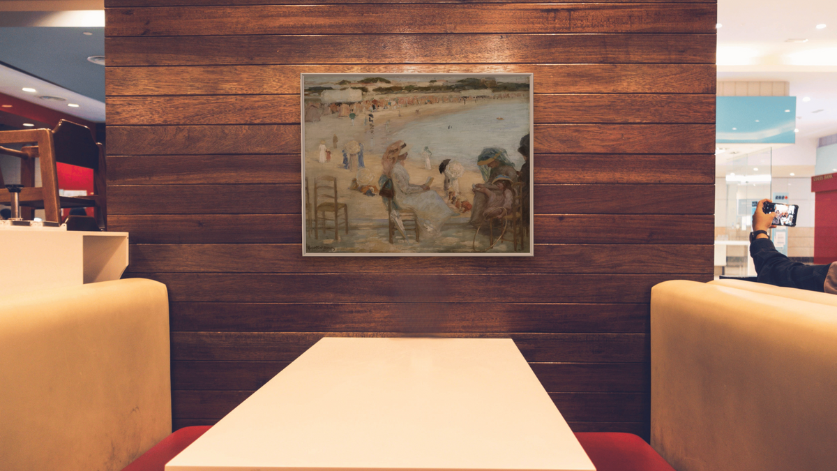 On the Beach (Royan) by Rupert Bunny, shown at 32 × 40 in (81.3 × 101.6 cm) on canvas in Ramino Opaque White, restaurant