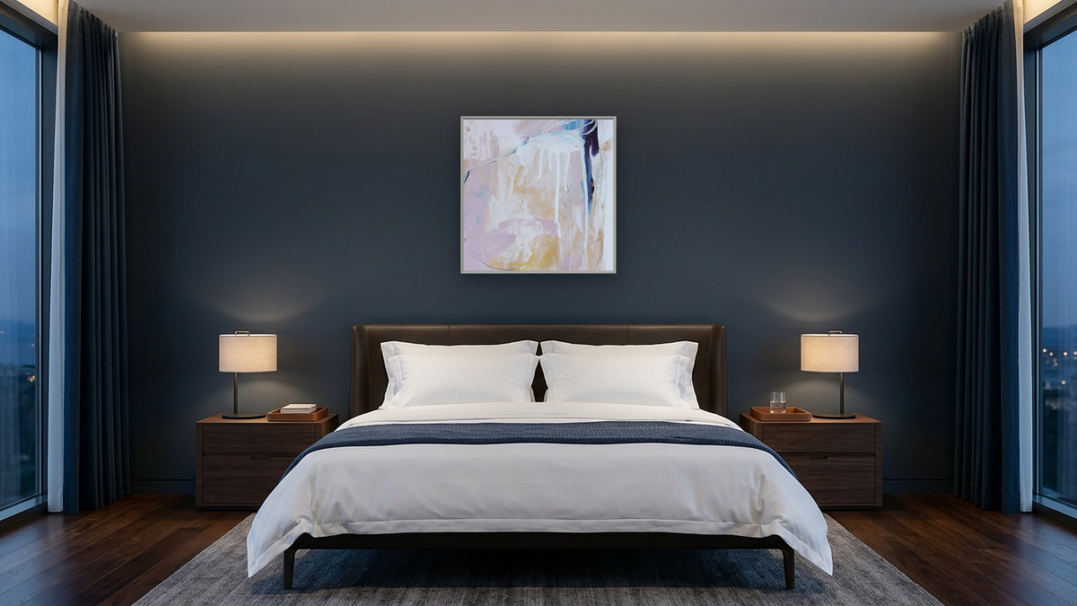 Cake by Dan Hobday, shown at 32 × 32 in (81.3 × 81.3 cm) on canvas in Ramino Opaque White, hotel guest room