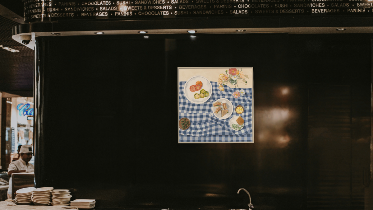 Poppies and Picnics by Catherine Gerke, shown at 32 × 32 in (81.3 × 81.3 cm) on canvas in Ramino Opaque White, restaurant