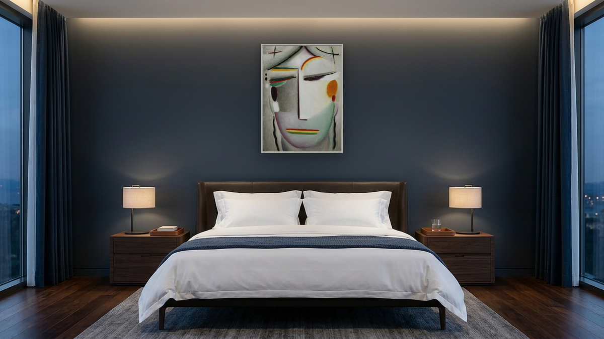 Heilandsgesicht: Remote King - Buddha II by Alexei Jawlensky, shown at 30 × 40 in (76.2 × 101.6 cm) on canvas in Ramino Opaque White, hotel guest room