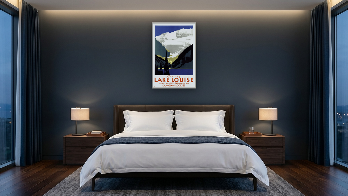 BPL Travel Posters, shown at 28 × 42 in (71.1 × 106.7 cm) on canvas in Ramino Opaque White, hotel guest room