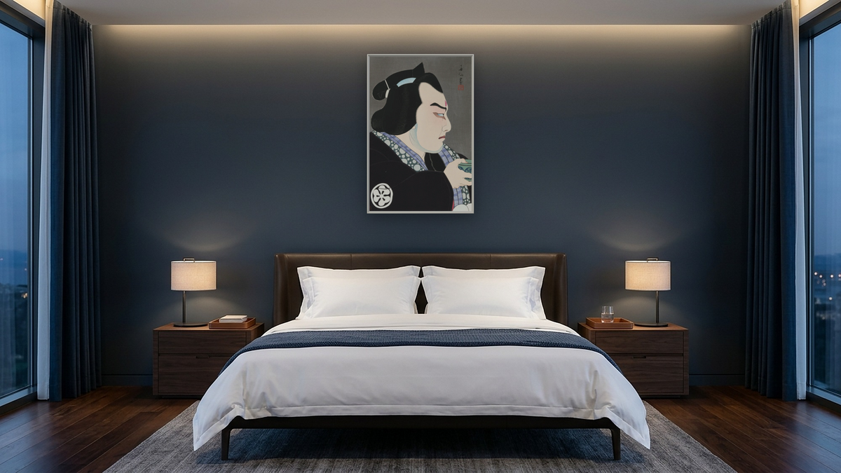 The Actor Bando Juzaburo III as Mizuhiki no Seigoro by Natori Shunsen, shown at 28 × 42 in (71.1 × 106.7 cm) on canvas in Ramino Opaque White, hotel guest room