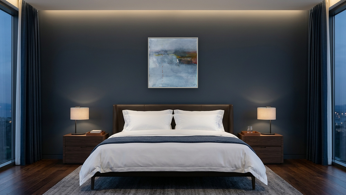 No. 353 by Michelle Oppenheimer, shown at 32 × 32 in (81.3 × 81.3 cm) on canvas in Ramino Opaque White, hotel guest room