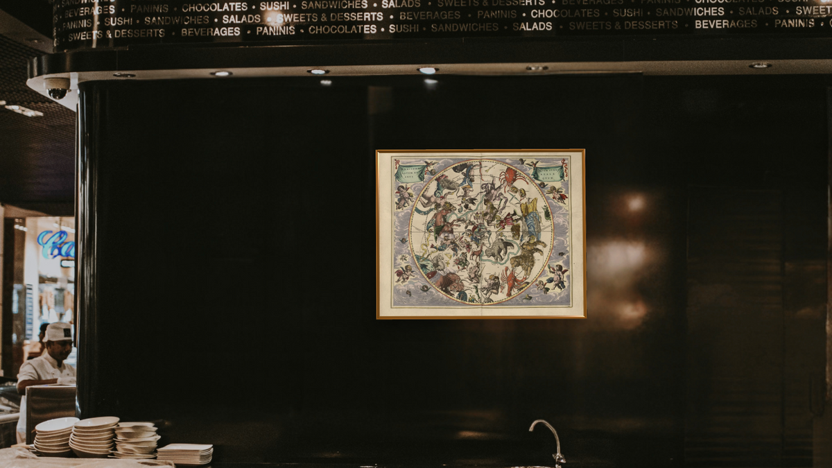 Plate 24 from Harmonia Macrocosmica by Andreas Cellarius, shown at 32 × 40 in (81.3 × 101.6 cm) on canvas in Molto Polished Gold, restaurant