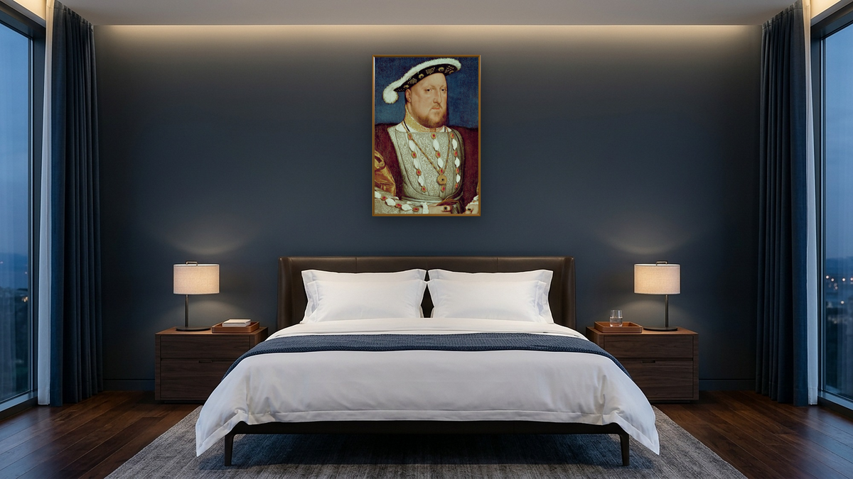 King Henry VIII by Hans Holbein the Younger, shown at 28 × 42 in (71.1 × 106.7 cm) on canvas in Molto Polished Gold, hotel guest room