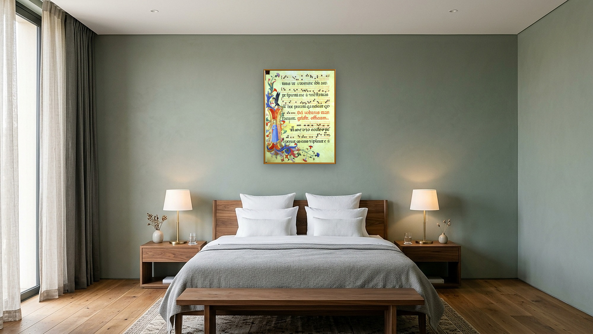 Batch 13 by Fra Angelico, shown at 30 × 40 in (76.2 × 101.6 cm) on canvas in Molto Polished Gold, hotel guest room