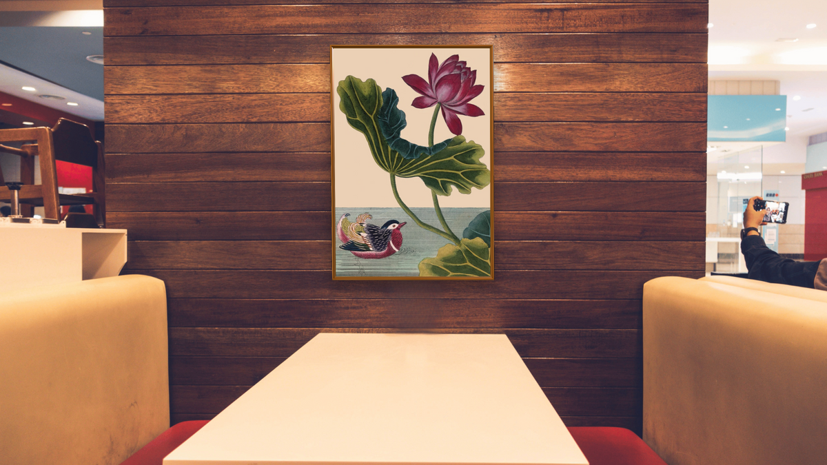 Red lotus with mandarin duck by Pierre Joseph Buchoz, shown at 28 × 42 in (71.1 × 106.7 cm) on canvas in Molto Polished Gold, restaurant