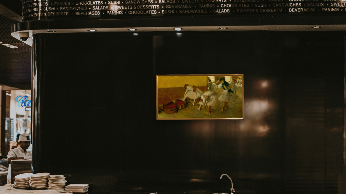 Dancers in the Green Room by Edgar Degas, shown at 20 × 40 in (50.8 × 101.6 cm) on canvas in Molto Polished Gold, restaurant