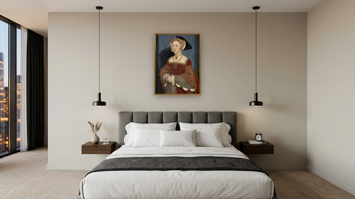 Jane Seymour (1509-1537) by Hans Holbein the Younger, shown at 30 × 40 in (76.2 × 101.6 cm) on canvas in Molto Polished Gold, hotel guest room