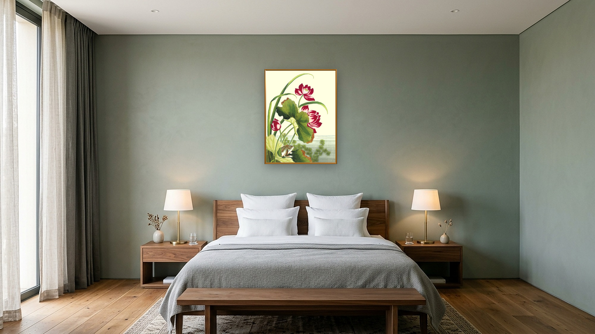 Red lotus with frog by Pierre Joseph Buchoz, shown at 30 × 40 in (76.2 × 101.6 cm) on canvas in Molto Polished Gold, hotel guest room