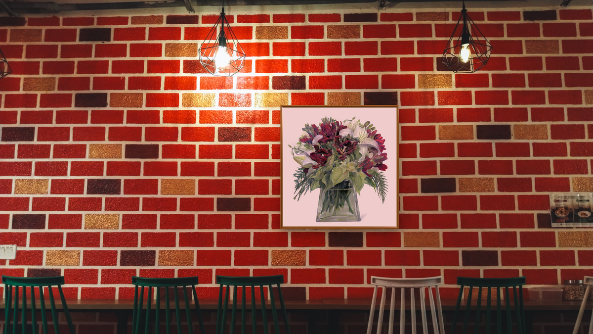 Hoilday Bouquet by Kirsten Söderlind, shown at 32 × 32 in (81.3 × 81.3 cm) on canvas in Molto Polished Gold, restaurant