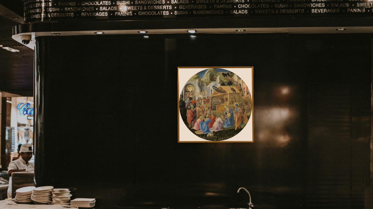 The Adoration of the Magi by Fra Angelico and Fra Filippo Lippi, shown at 32 × 32 in (81.3 × 81.3 cm) on canvas in Molto Polished Gold, restaurant