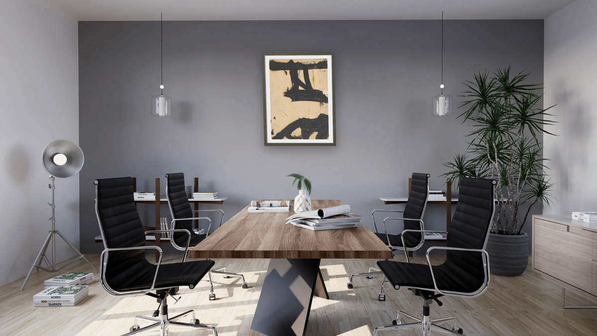 Untitled by Franz Kline, shown at 24 × 32 in (61 × 81.3 cm) in Ramino Satin Black, boardroom