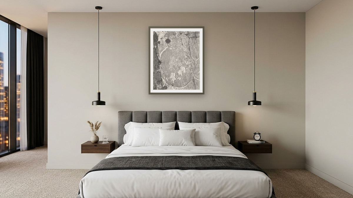 Lichens, Glacier National Park, Montana (detail) by Ansel Adams, shown at 32 × 40 in (81.3 × 101.6 cm) in Ramino Satin Black, hotel guest room