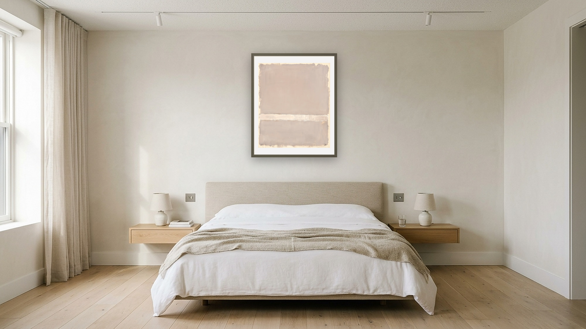 Untitled by Mark Rothko, shown at 32 × 40 in (81.3 × 101.6 cm) in Ramino Satin Black, hotel guest room