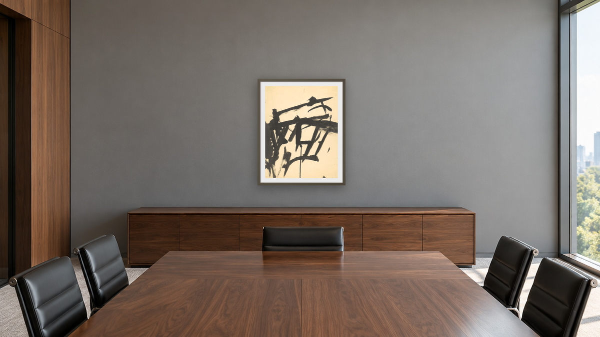 Untitled by Franz Kline, shown at 32 × 40 in (81.3 × 101.6 cm) in Ramino Satin Black, boardroom