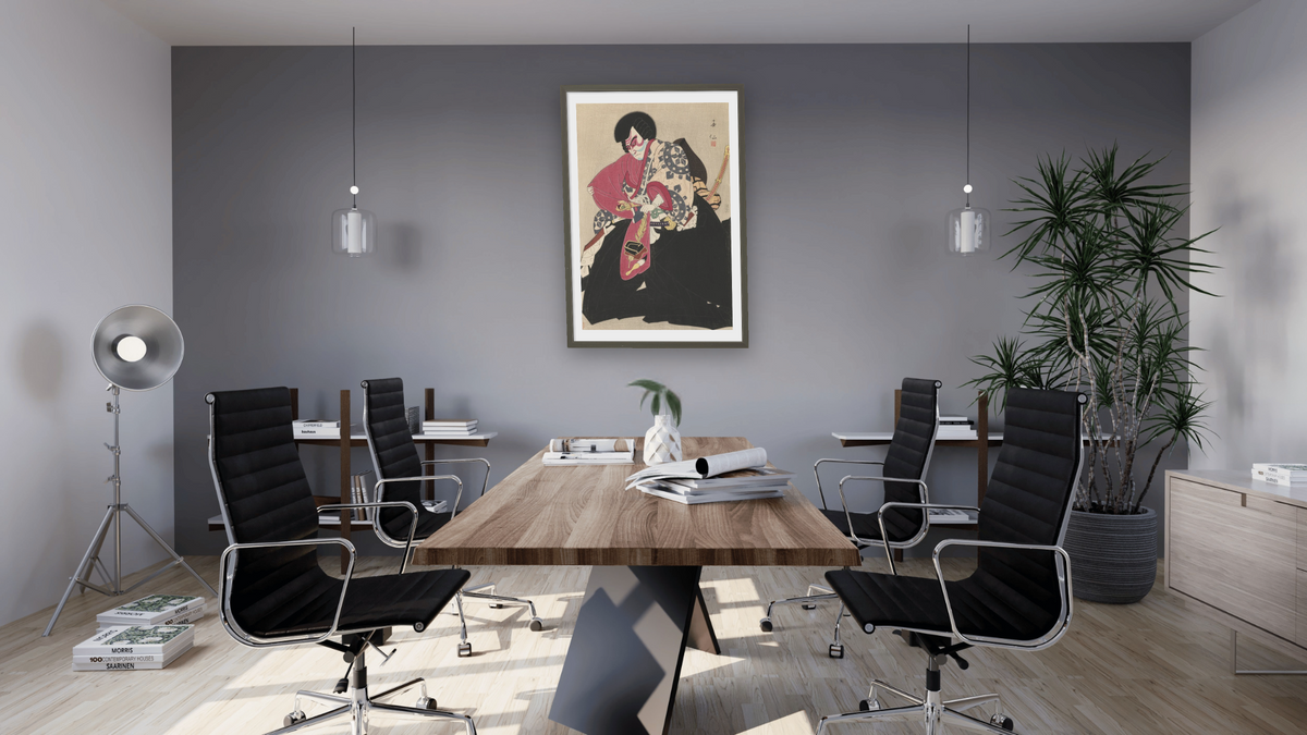 Kataoka Ichizo as Benkei by Natori Shunsen, shown at 28 × 42 in (71.1 × 106.7 cm) in Ramino Satin Black, boardroom