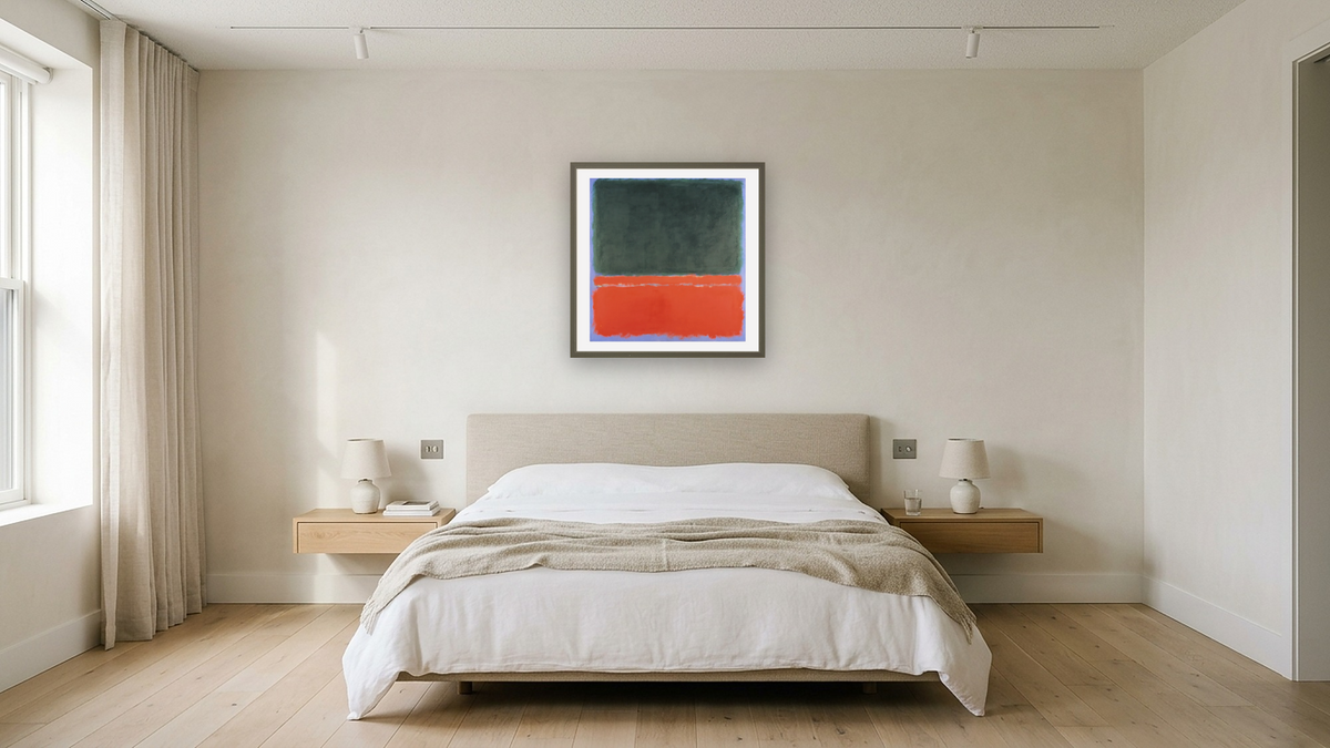 Green, Red, Blue by Mark Rothko, shown at 32 × 32 in (81.3 × 81.3 cm) in Ramino Satin Black, hotel guest room
