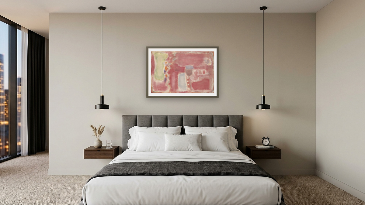 Untitled by Mark Rothko, shown at 28 × 42 in (71.1 × 106.7 cm) in Ramino Satin Black, hotel guest room