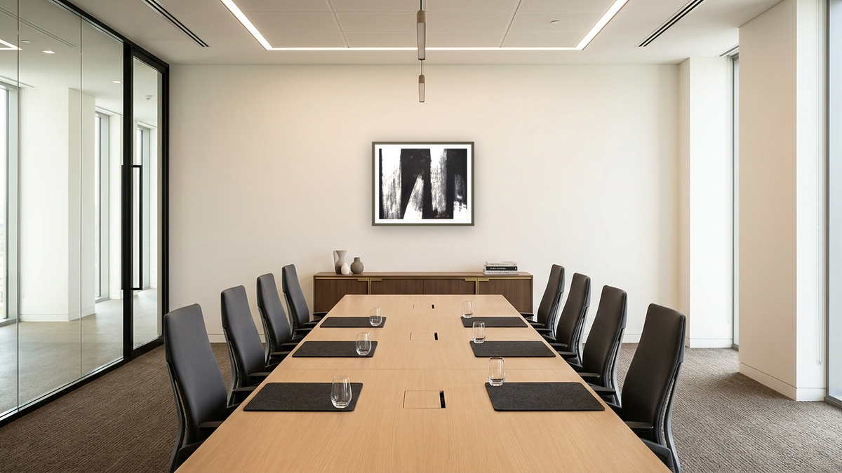 Black and White 7, shown at 32 × 40 in (81.3 × 101.6 cm) in Ramino Satin Black, boardroom