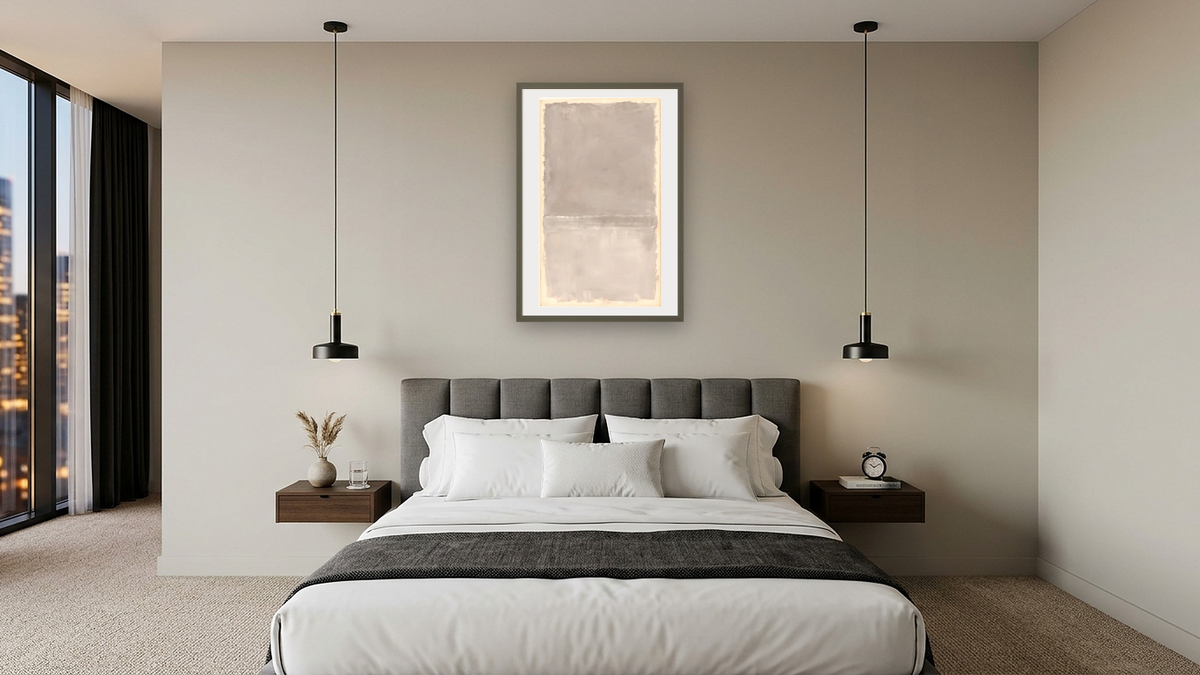 Untitled by Mark Rothko, shown at 28 × 42 in (71.1 × 106.7 cm) in Ramino Satin Black, hotel guest room
