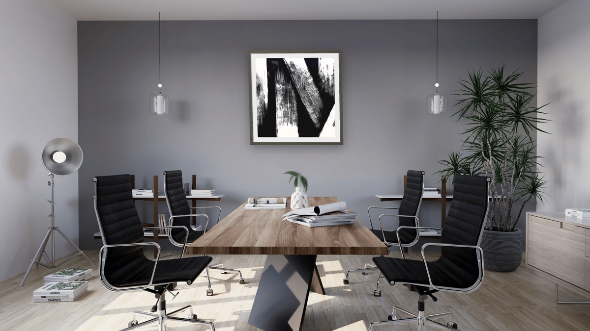 Black and White 6c by Tayt Modern, shown at 32 × 32 in (81.3 × 81.3 cm) in Ramino Satin Black, boardroom