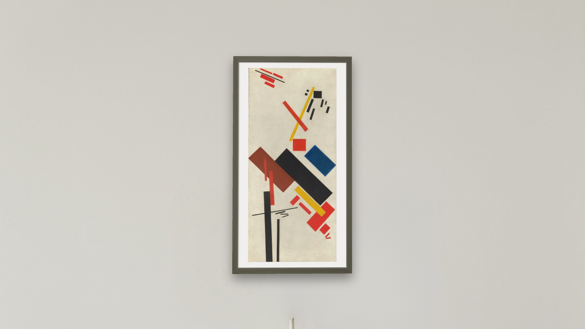 Stroyuschiysya dom (House under construction) by Kazimir Malevich, shown at 20 × 40 in (50.8 × 101.6 cm) in Ramino Satin Black, boardroom