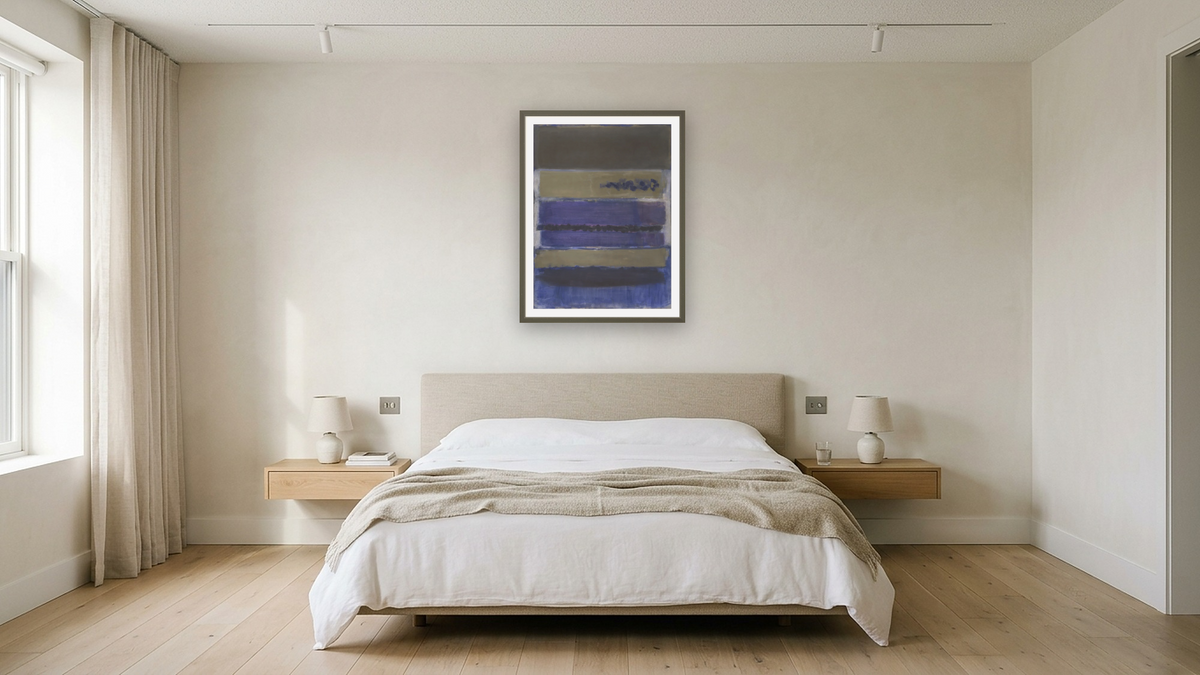 No. 5 (Untitled) by Mark Rothko, shown at 30 × 40 in (76.2 × 101.6 cm) in Ramino Satin Black, hotel guest room