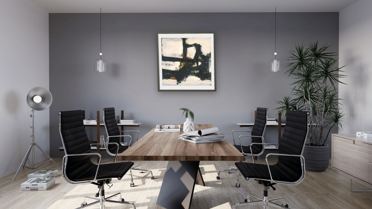 Orange Outline by Franz Kline, shown at 32 × 32 in (81.3 × 81.3 cm) in Ramino Satin Black, boardroom