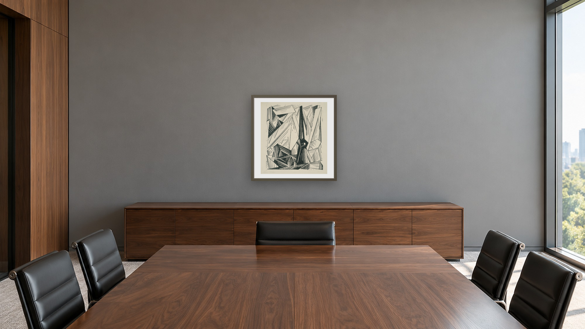 Gelmeroda by Lyonel Feininger, shown at 32 × 32 in (81.3 × 81.3 cm) in Ramino Satin Black, boardroom