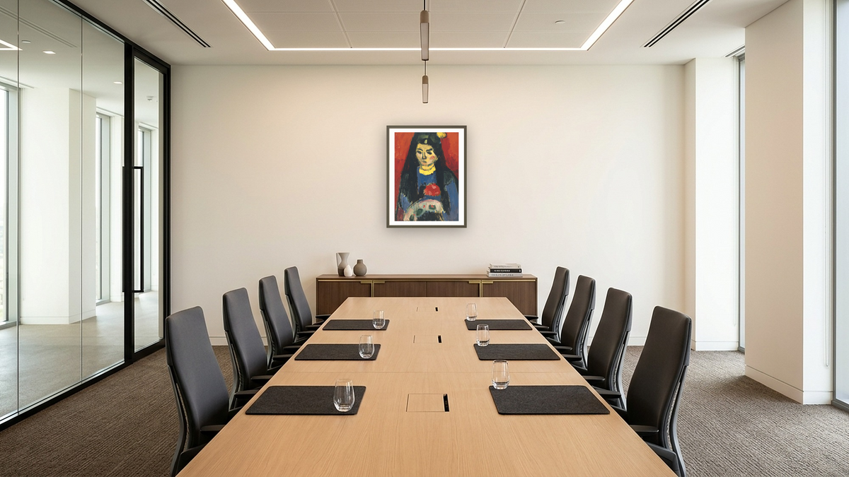 Red Blossom by Alexei Jawlensky, shown at 30 × 40 in (76.2 × 101.6 cm) in Ramino Satin Black, boardroom