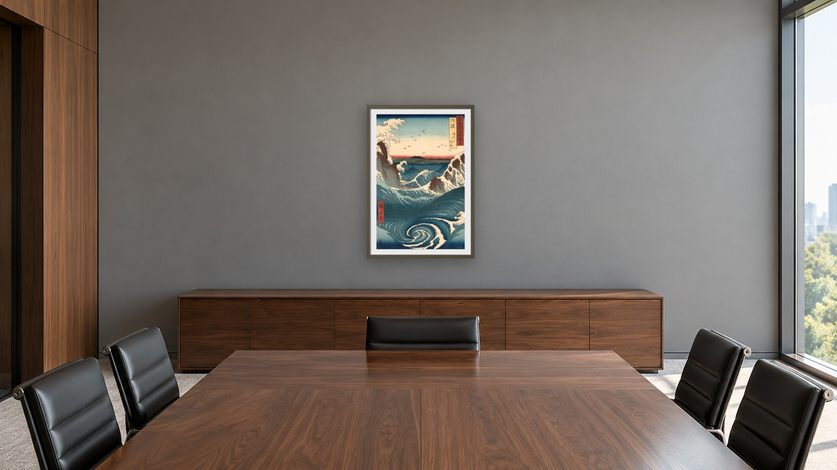 Rough Sea at Naruto in Awa Province, no. 55 from the series Pictures of Famous Places in the Sixty-odd Provinces by Utagawa Hiroshige, shown at 28 × 42 in (71.1 × 106.7 cm) in Ramino Satin Black, boardroom