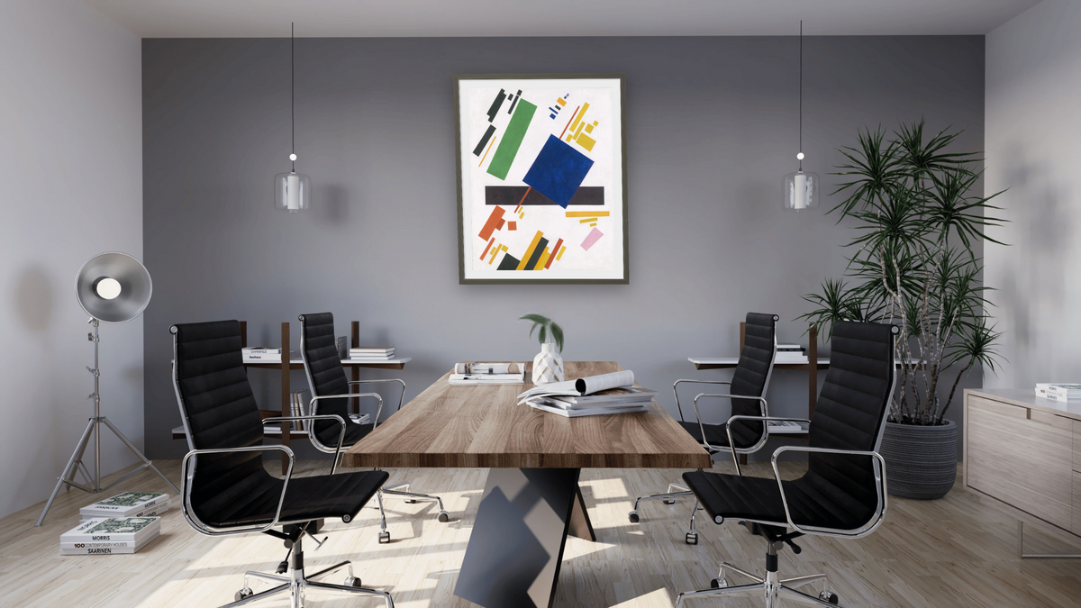 Suprematist Composition by Kazimir Malevich, shown at 32 × 40 in (81.3 × 101.6 cm) in Ramino Satin Black, boardroom