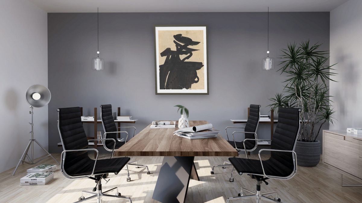 Untitled by Franz Kline, shown at 30 × 40 in (76.2 × 101.6 cm) in Ramino Satin Black, boardroom