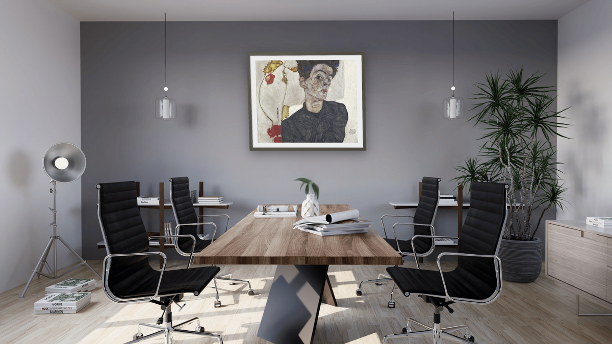 Self-Portrait with Chinese Lantern Plant by Egon Schiele, shown at 32 × 40 in (81.3 × 101.6 cm) in Ramino Satin Black, boardroom
