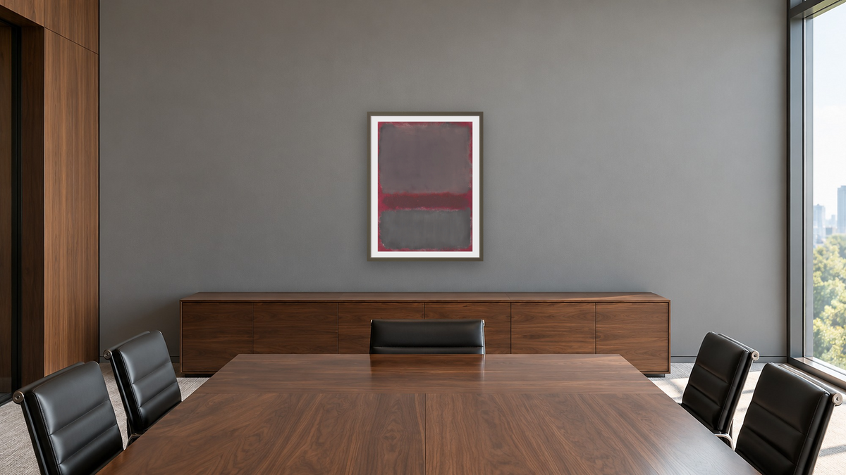 Untitled by Mark Rothko, shown at 30 × 40 in (76.2 × 101.6 cm) in Ramino Satin Black, boardroom