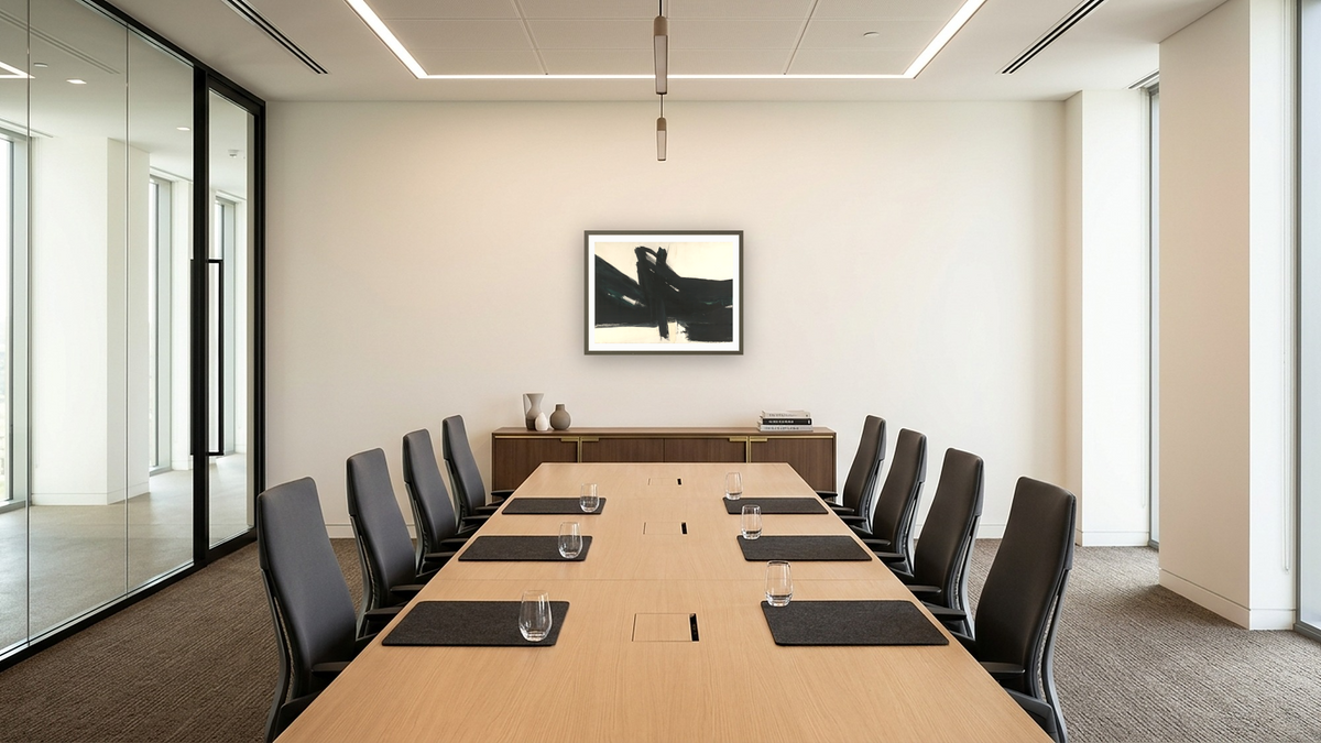 Ravenna by Franz Kline, shown at 30 × 40 in (76.2 × 101.6 cm) in Ramino Satin Black, boardroom