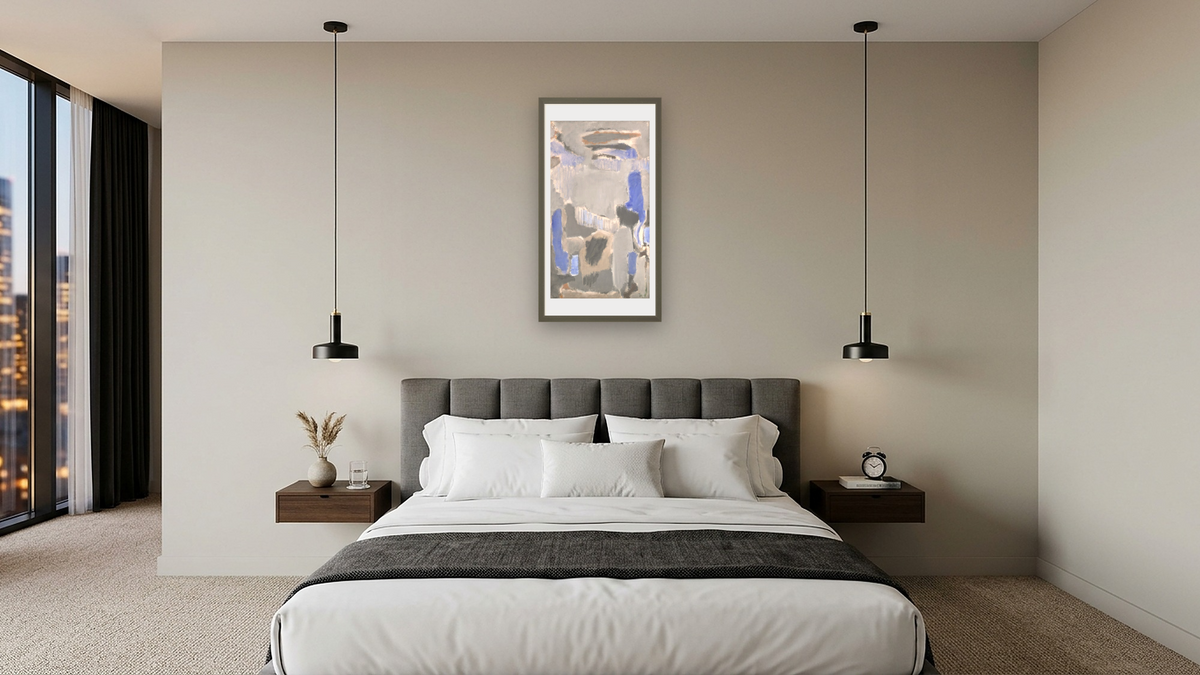 Untitled by Mark Rothko, shown at 20 × 40 in (50.8 × 101.6 cm) in Ramino Satin Black, hotel guest room