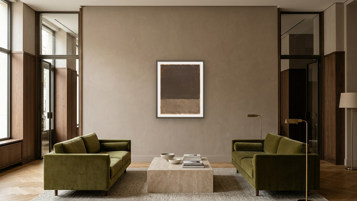 Untitled (Brown and gray) by Mark Rothko, shown at 32 × 40 in (81.3 × 101.6 cm) in Ramino Satin Black, hotel lobby